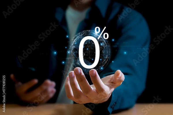 Fototapeta Businessman holding zero percent or 0 percent sign for special offer and discount concept, interest rate, installment, promotion, marketing, sales boost.