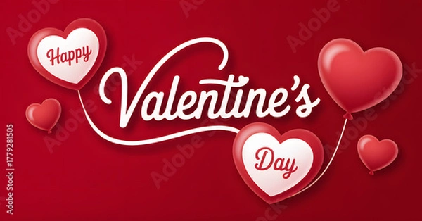 Fototapeta "Happy Valentine’s Day Heart Balloons Typography Design on Red Background – Romantic Love Greeting Card Vector"