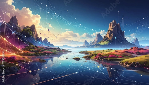 Fototapeta Mountain lake surrounded by abstract network connection lines offering a fresh perspective and space for text area