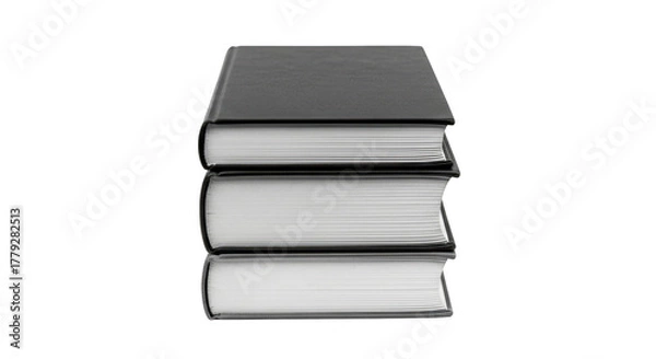 Fototapeta A stack of three hardcover books with black covers and white pages, isolated on a transparent background, representing knowledge and education