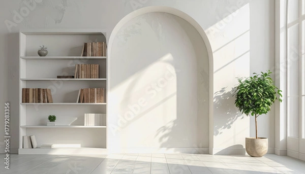 Fototapeta Lively green plant in a decorative pot positioned on a white wall bringing life and color to a minimalist space