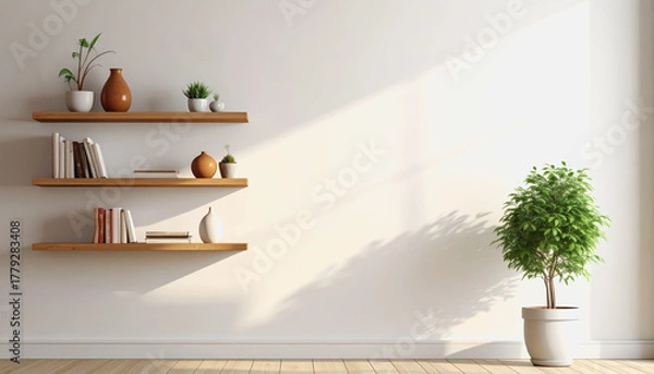 Fototapeta Charming arrangement of a plant and books on a shelf set against a simple wall creating a cozy reading nook