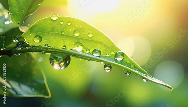 Fototapeta Macro close-up of leaf surface bejeweled with water droplets against a softly blurred background highlighting nature