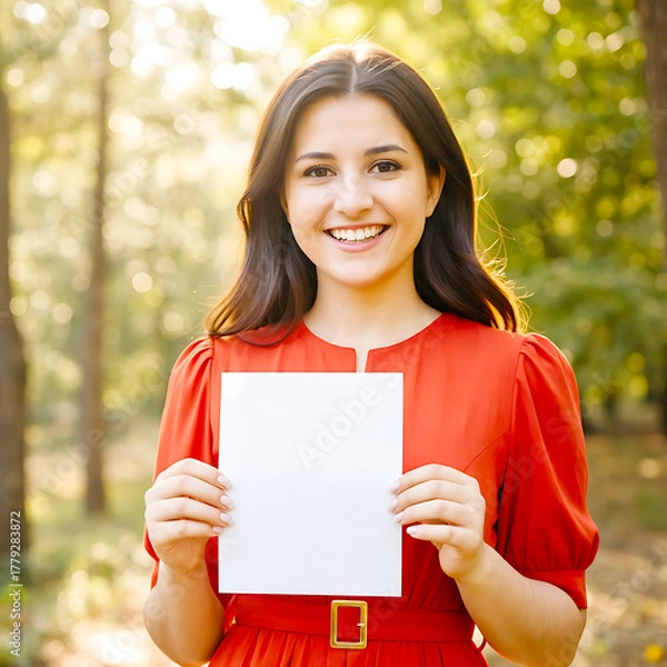 Fototapeta Smiling young woman in a red dress holding a blank white sign outdoors in a sunny park, perfect for custom text or promotional messages