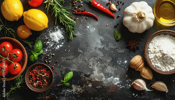 Fototapeta A table displaying various fresh cooking ingredients with space for recipe text in a bright kitchen setting