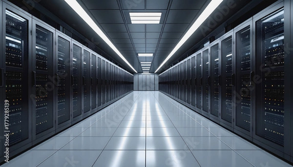 Fototapeta Contemporary server room showcasing multiple servers in a high-tech corridor with a futuristic mood and empty space