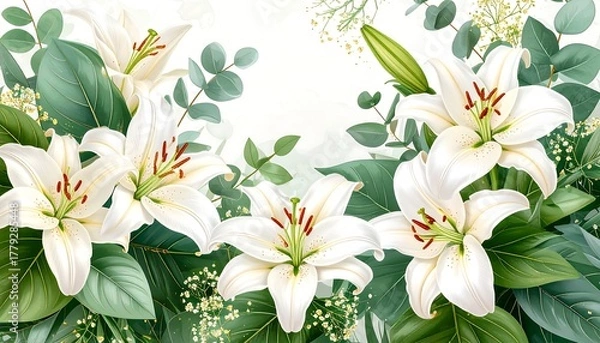 Obraz White lilies and eucalyptus arrangement