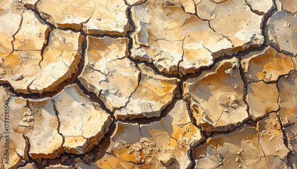 Fototapeta Cracked surface of dry earth displaying a unique pattern symbolizing drought with ample space for text design