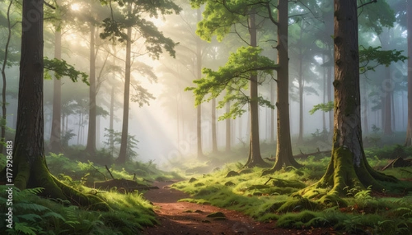 Fototapeta Radiant sunlight streaming through the canopy of a forest illuminating the trees with a warm golden glow