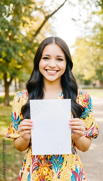 Obraz Happy young woman with long dark hair smiles while holding a blank white vertical paper sign in a sunny outdoor park, offering copy space for text.