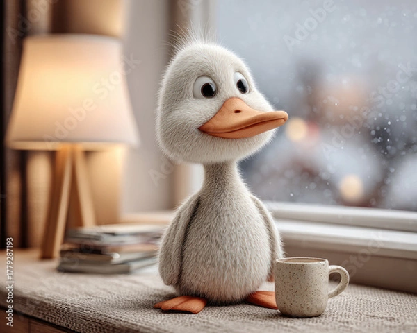 Fototapeta Cute fluffy duckling with big eyes sitting near window with cup
