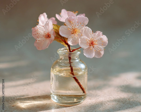 Obraz Cherry blossom flower in glass bottle with water on table