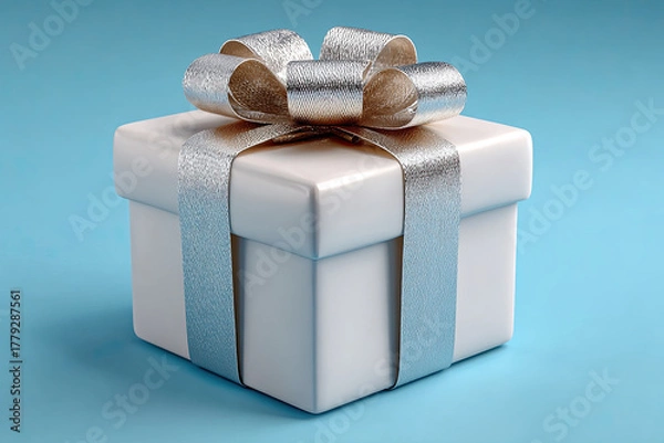 Obraz White gift box with silver ribbon and bow on blue background