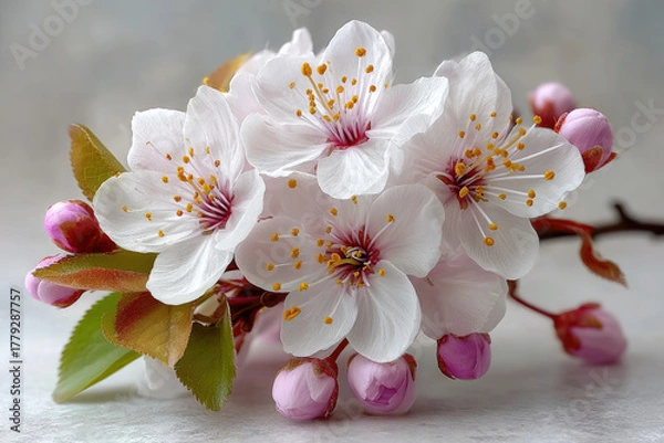 Fototapeta Cherry blossom flower with pink buds and green leaves on branch
