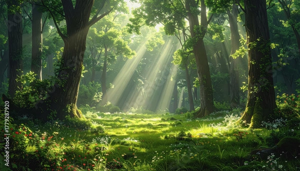 Fototapeta Beautiful forest with sunlight flowing through trees creating stunning light beams and a peaceful ambiance