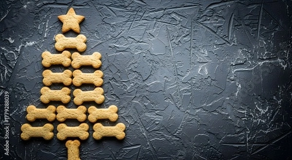 Fototapeta Adorable dog bone biscuits creatively arranged into a festive Christmas tree shape on a textured dark background, perfect for pet holiday celebrations and unique seasonal imagery