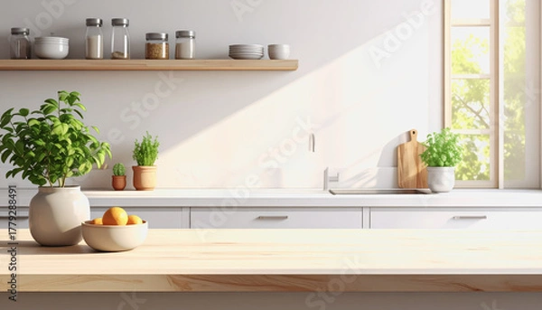 Fototapeta Bright kitchen counter with a pot of fresh fruit displayed in a minimalist setup with open space for text