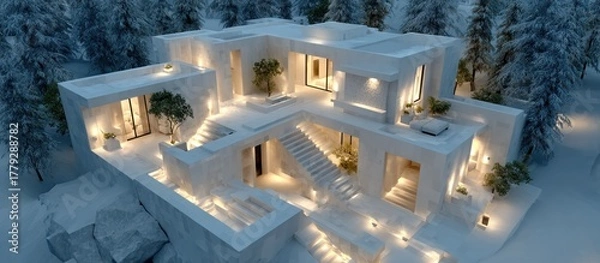 Obraz Luxury modern villa with illuminated outdoor spaces in a snowy landscape