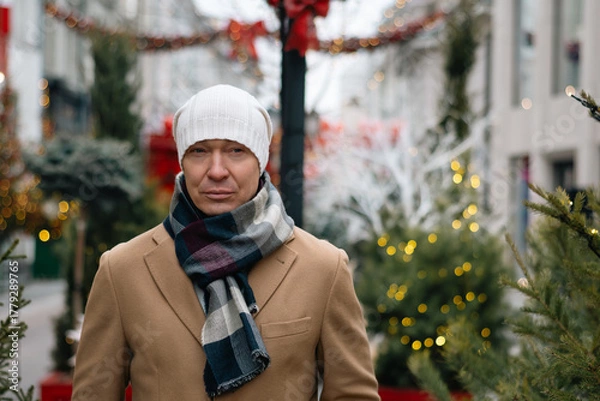 Obraz Winter portrait of serious caucasian man wearing white beanie and cozy scarf at Christmas festive decorated modern city. Cold winter weather.
