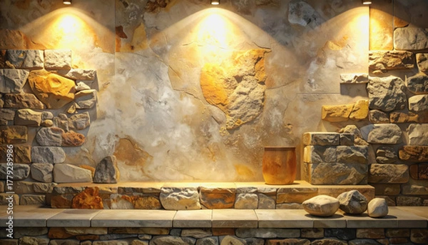 Fototapeta Elegant stone wall illuminated by soft lighting featuring ample space for text or graphics in a natural setting