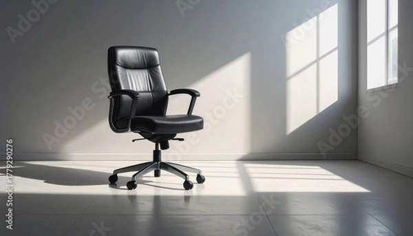 Fototapeta Elegant black office chair placed in bright white room with soft shadow for modern workspace aesthetic
