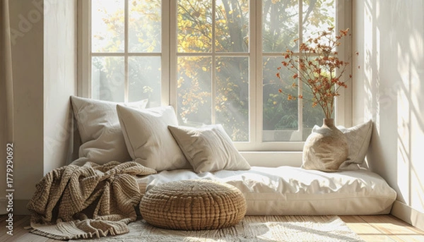 Fototapeta Cozy and inviting window seat with soft blanket and plush pillows for relaxation and reading nook ambiance
