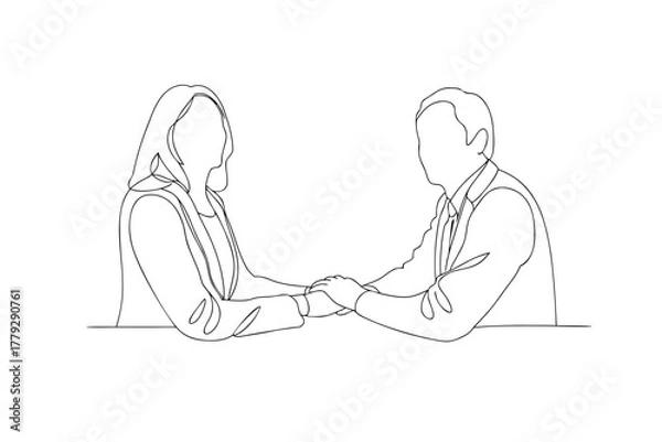 Fototapeta Couple holding hands in a continuous line drawing love