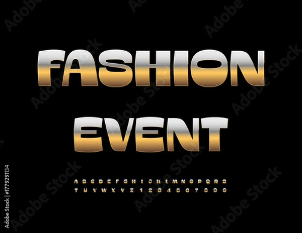 Fototapeta Vector Glamorous icon Fashion Event. Glossy Elite Gold Font. Trendy Luxury Alphabet Letters and Numbers set.