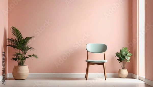 Fototapeta Aesthetic setting featuring a pink wall with a simple dining chair and a green potted plant for stylish decor