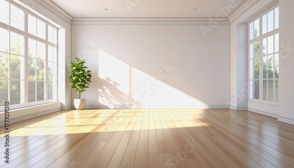 Fototapeta Airy white room showcasing a green plant in the corner with a wooden floor and generous space for design overlay