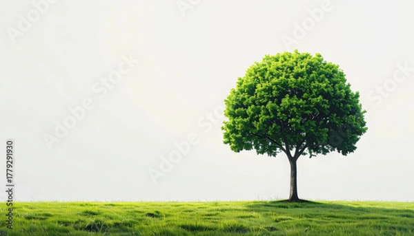 Fototapeta A single green tree standing proudly on a hill against a plain background illustrating sustainable forest concept