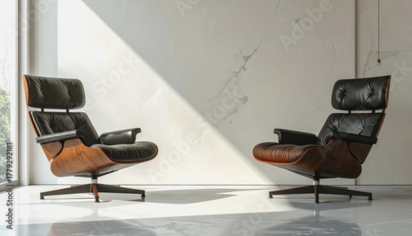 Fototapeta A pair of minimalist modern lounge chairs in a spacious room with open area suitable for messages or text overlays
