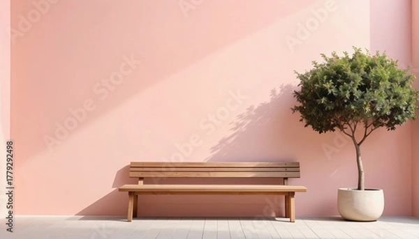 Fototapeta A serene tree set against a soft pink wall with a wooden bench in a minimalist style for a calming aesthetic