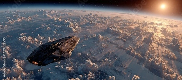 Fototapeta A futuristic exploration spacecraft silently glides in orbit above a cloud-covered alien planet during a spectacular sunrise