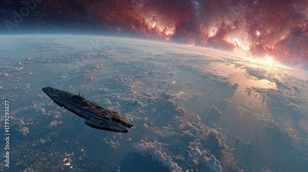 Obraz An immense interstellar spaceship hovers over a planet's atmosphere with a fiery cosmic cloudscape illuminating the epic scene