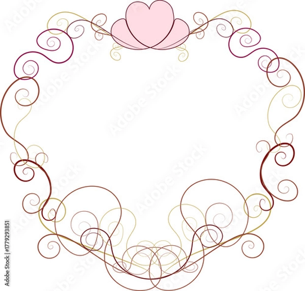 Fototapeta Ornate Valentine's Day vector frame of intricate burgundy and gold filigree scrolls and a pink heart, perfect for luxury romantic stationery or wedding invitations.