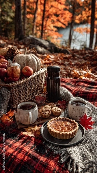 Fototapeta A cozy autumn thanksgiving picnic with a basket of apples,and pumpkin, coffee mugs, and a pumpkin pie on a red plaid blanket