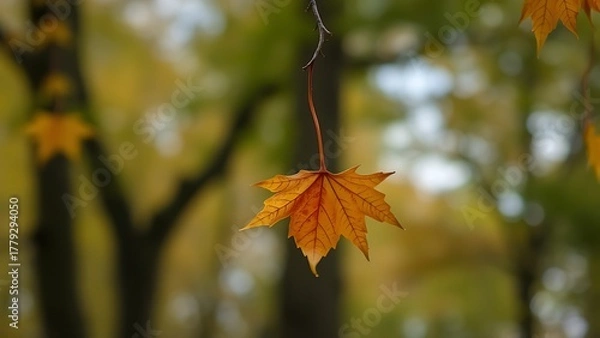 Fototapeta amalgam. A maple seed spiraling down against a blurred forest backdrop. representing seasonal cycles and harvest abundance, gardening catalogs, designed for gardening and botanical catalogs.