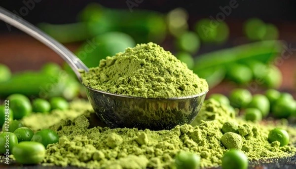 Fototapeta A metal ladle full of vibrant green pea protein powder, surrounded by fresh peas on a dark, rustic wooden table