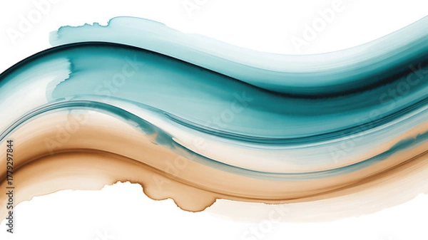 Fototapeta Abstract flowing waves of teal blue and sandy brown watercolor paint on white background