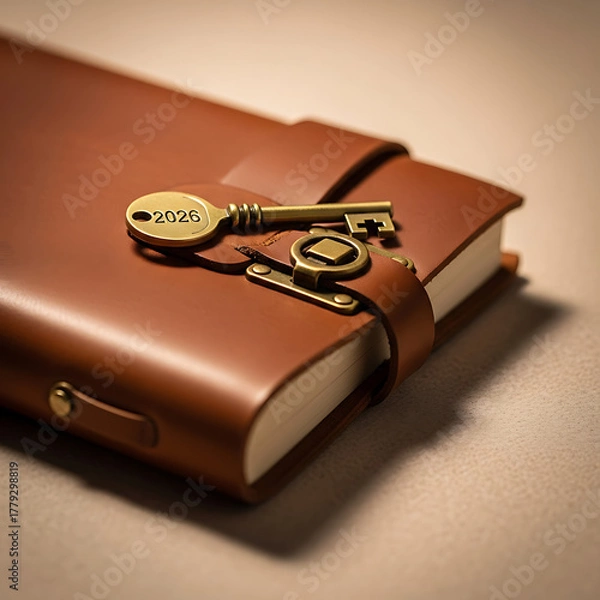 Obraz Vintage leather bound journal with brass key for the year 2026