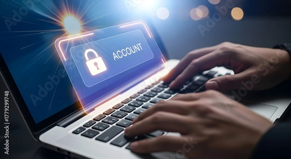 Fototapeta Secure online account access concept depicting a person typing on a laptop with a padlock icon illuminated Cybersecurity and data protection for digital platforms ensures privacy