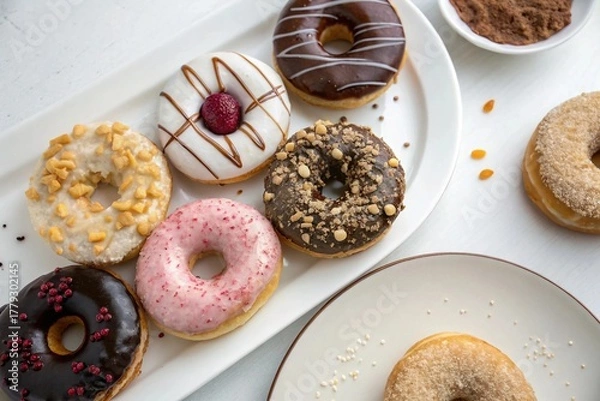 Fototapeta An assortment of beautifully glazed and decorated donuts on display