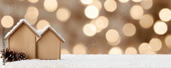 Obraz Two wooden houses sit on a snowy surface, surrounded by soft, warm bokeh lights, creating a cozy winter atmosphere.