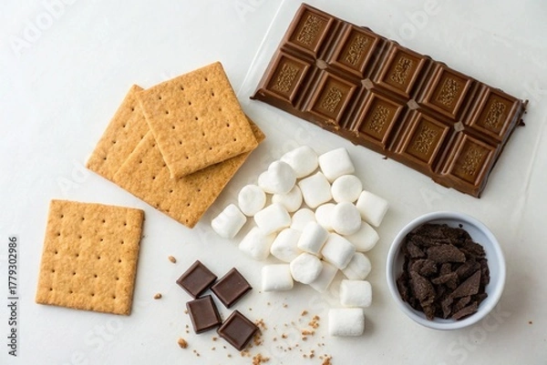 Fototapeta S mores ingredients laid out graham crackers marshmallows and chocolate squares
