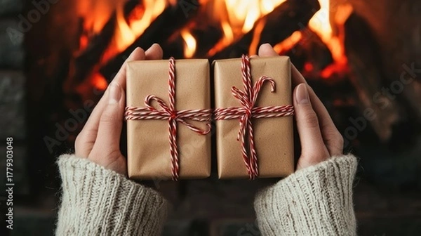 Fototapeta cozy scene featuring hands holding beautifully wrapped presents in front of a warm fireplace, evoking holiday spirit and warmth.
