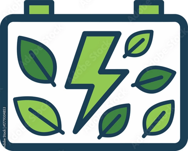 Fototapeta Illustration of a green energy battery with leaves and a lightning bolt, symbolizing renewable resources, sustainable power, and eco-friendly technology