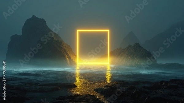Fototapeta Glowing golden square portal on misty sea among dark rocks, mysterious surreal futuristic landscape with light reflection and fantasy concept