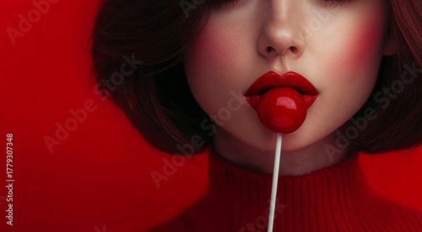 Fototapeta close up of woman face with red lipstick and holding glossy red lollipop close to mouth on solid matching background