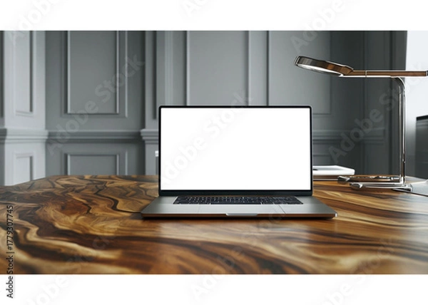Fototapeta Sleek laptop on warm wood desk with modern lamp, perfect for showcasing websites or apps, designed for professional business presentations and creative design portfolios